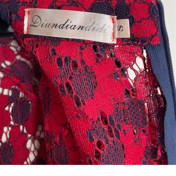 Diandian Didi Mini Tunic Dress Size S Blue and Red FLoral Lace Retro Holiday - Picture 2 of 12